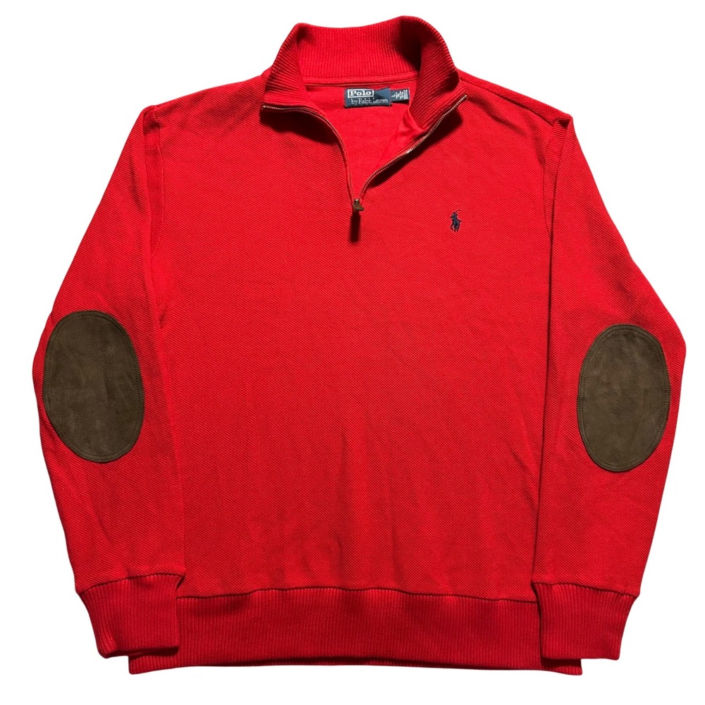 VTG Y2K Polo Ralph Lauren Quarter Zip Mens L Red Suede Elbow Patches